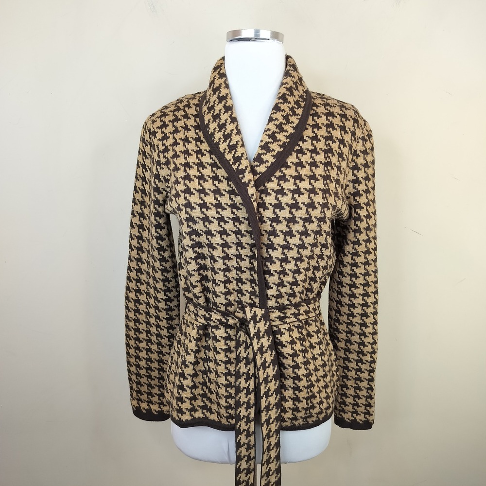 Kenar Houndstooth Cardigan Womens Small Belted Wool Blend Brown‎ Tan
